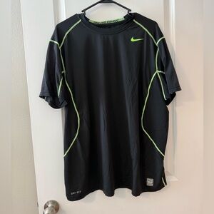 Nike Pro Combat Black Athletic Performance Dri-Fit Shirt Neon Green Highlights